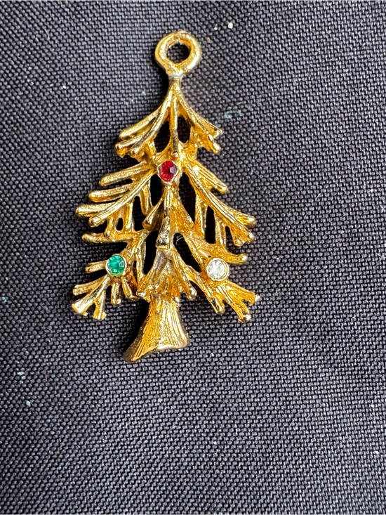 Jewelry - Gold Tone Christmas Tree Pendant with Red, Green, and Clear Stones